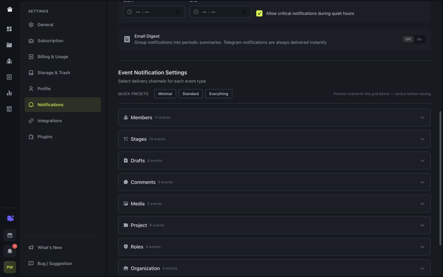 The real Stago event notification settings screen.