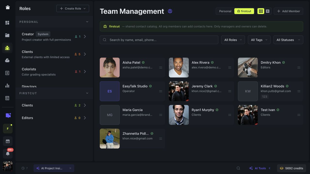 The real Stago Team Management interface showing roles, personal contacts, and organization members.